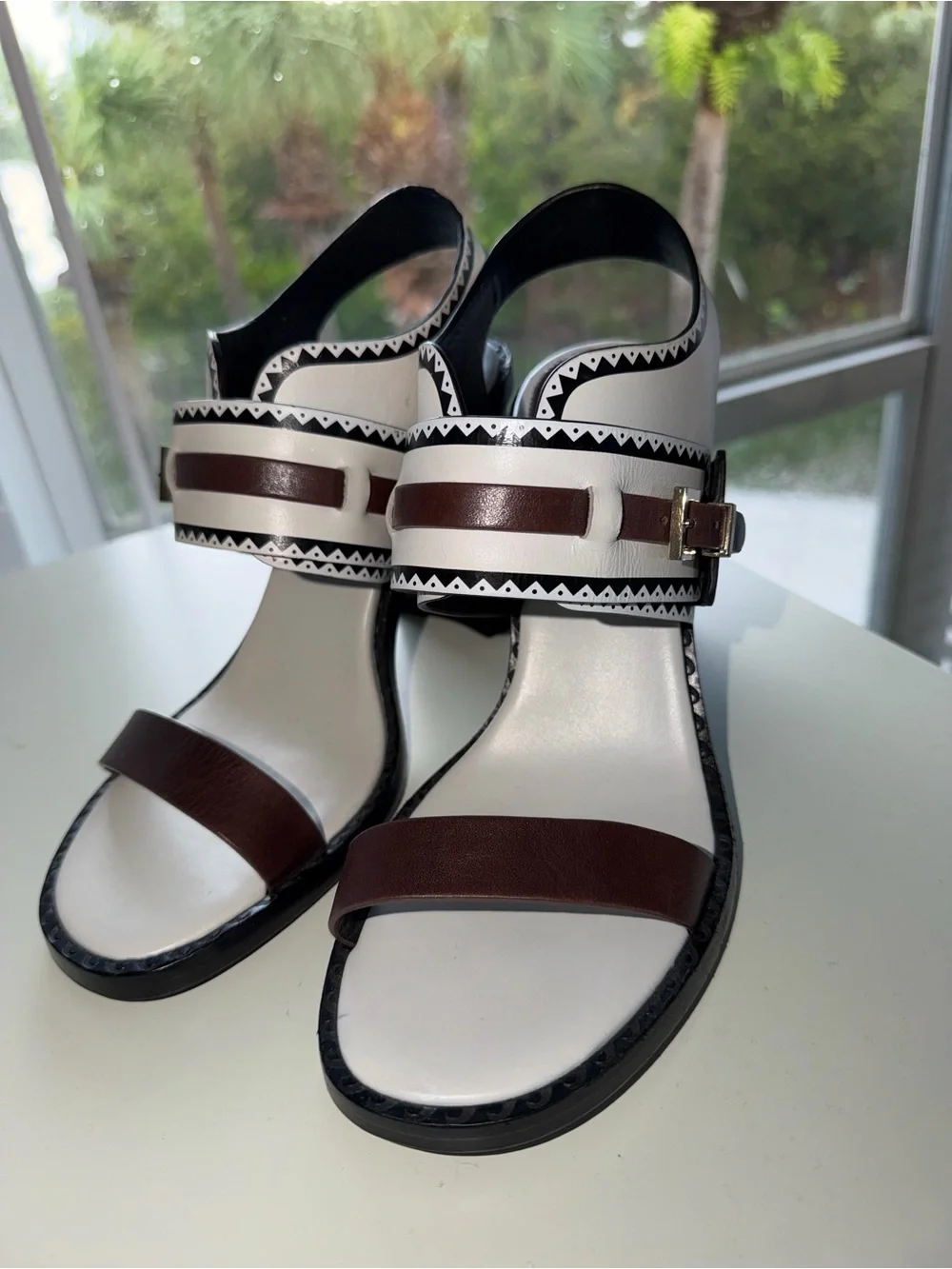 Tory Burch White and Brown Leather Buckle Sandals